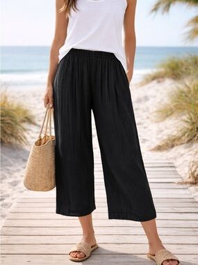 Oh My Gauze Black Cotton Crinkle Pants Wide Leg Cropped Sz 2 (L/XL) Boho Travel